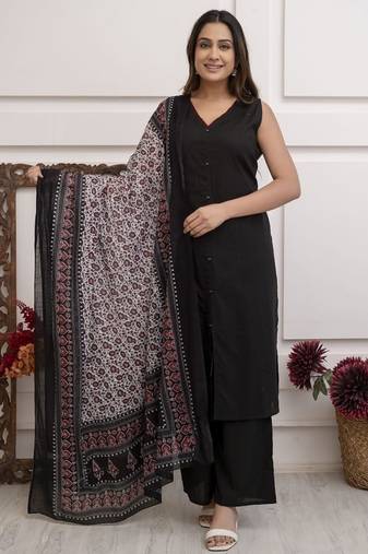 Floral printed pure cotton v neck kurta trouser & dupatta set