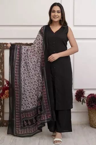 Floral printed pure cotton v neck kurta trouser & dupatta set