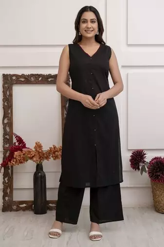 black floral cotton v neck kurta pant set