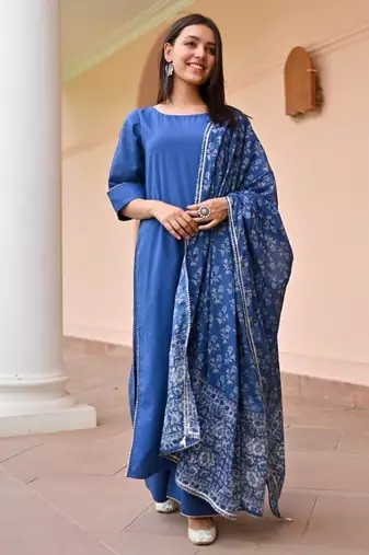 Floral printed pure cotton round neck kurta trouser & dupatta set