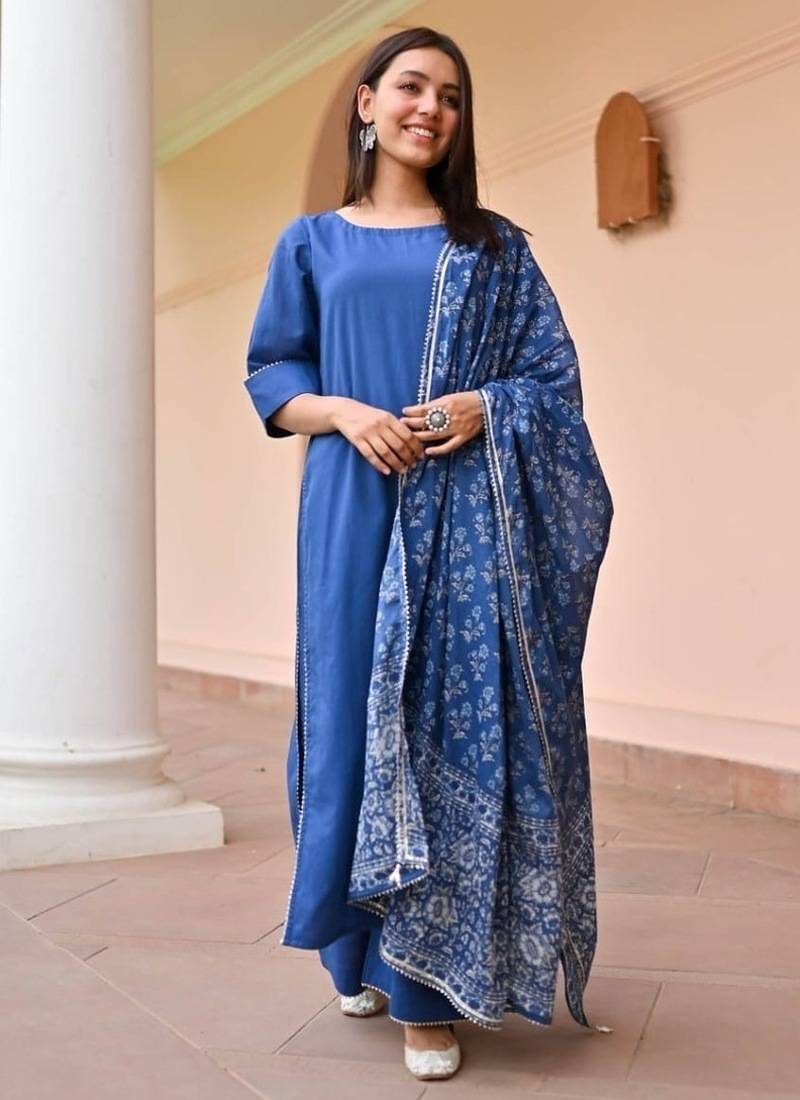 Floral printed pure cotton round neck kurta trouser & dupatta set