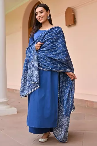 blue floral print cotton kurta pant set