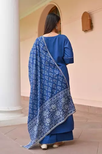 blue floral print cotton kurta pant set
