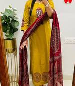 Floral printed pure cotton round neck kurta trouser & dupatta set