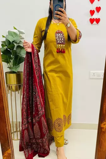dark yellow floral print cotton kurta pant set