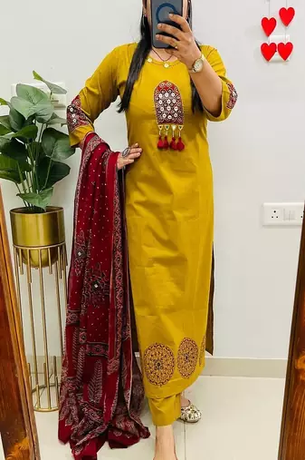 dark yellow floral print cotton kurta pant set