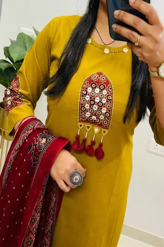 dark yellow floral print cotton kurta pant set