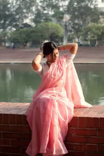 Baby pink linen slub jaquard designer saree with blouse