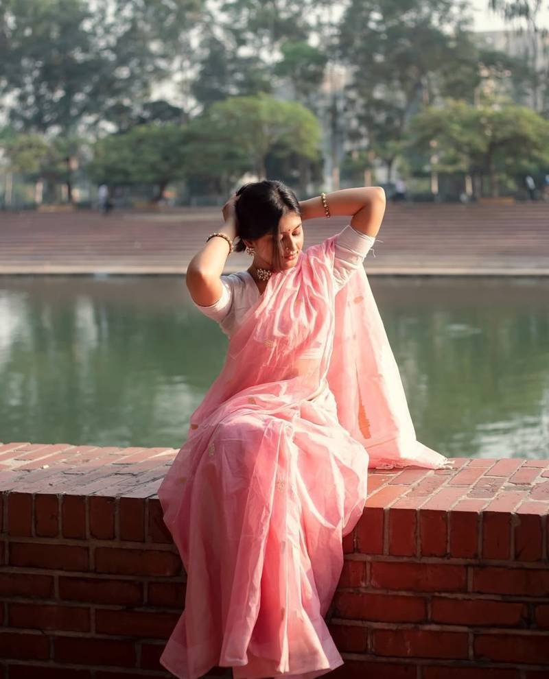 Baby pink soft linen slub jacuard work designer saree with blouse