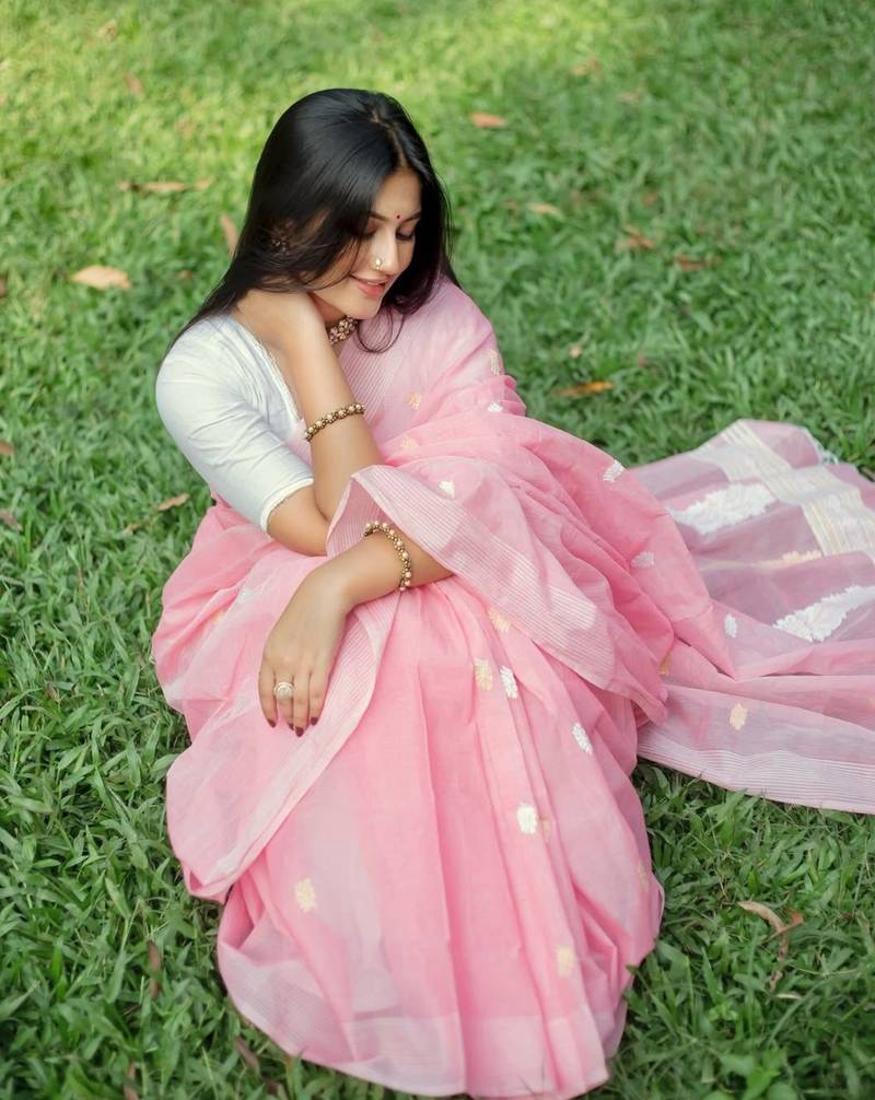 Baby pink soft linen slub jacuard work designer saree with blouse