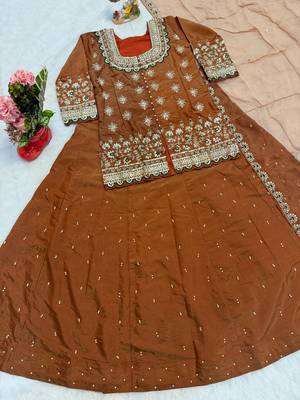 Orange Embroidery Simmer silk blend Lehenga Dupatta With Top 4