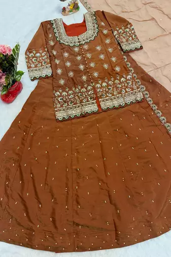 Orange Embroidery Simmer silk blend Lehenga Dupatta With Top