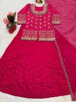 Pink Embroidery Simmer silk blend Lehenga Dupatta With Top 4