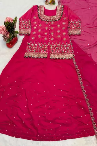 Pink Embroidery Simmer silk blend Lehenga Dupatta With Top