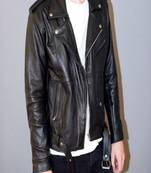 men's black premium lambskin leather jacket adjustable belted waist
