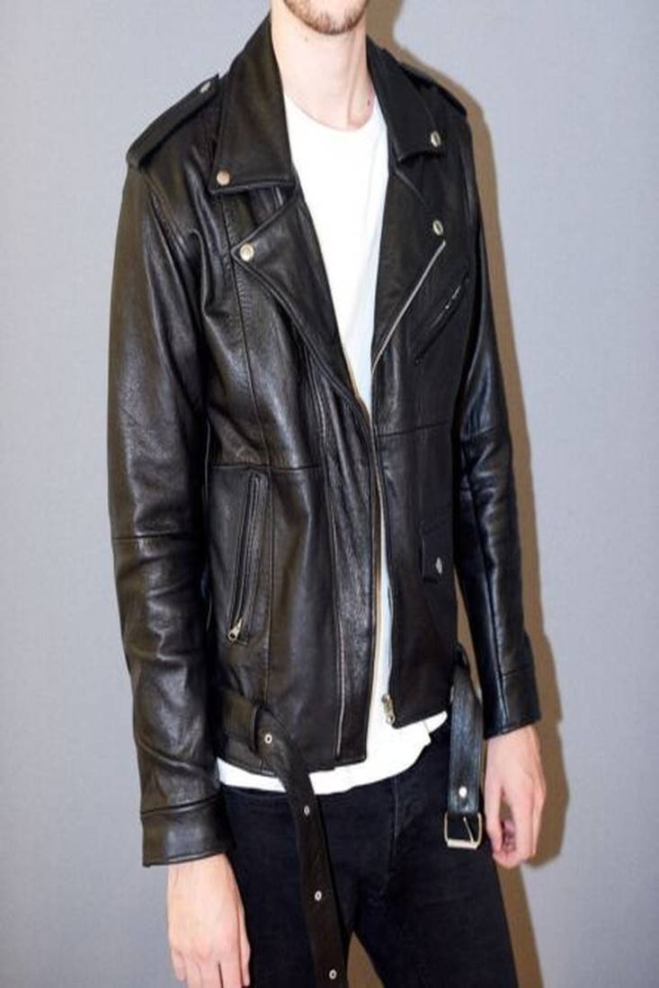 Men’s black genuine lambskin leather jacket – zipper & waist belt style