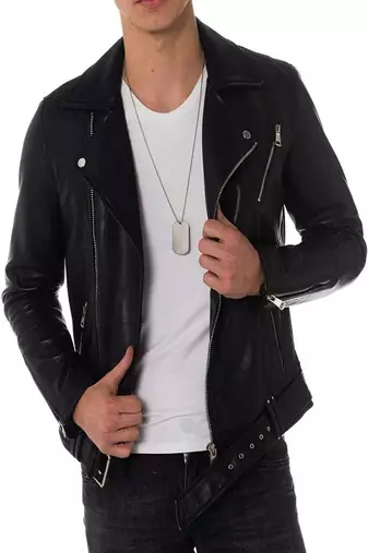 Men’s black genuine lambskin leather jacket – asymmetrical zipper style
