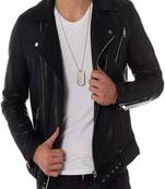 Men’s black genuine lambskin leather jacket – asymmetrical zipper style