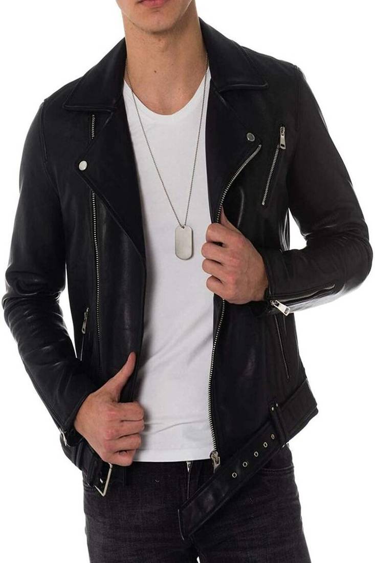 Men’s black genuine lambskin leather jacket – asymmetrical zipper style