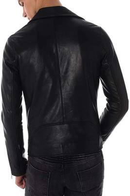 men's black premium lambskin leather jacket asymmetrical zip closure 2