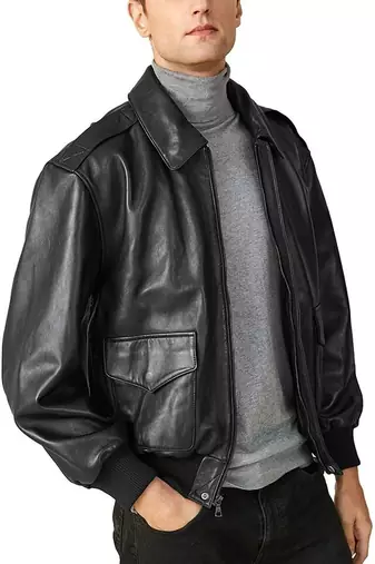Men’s black leather biker jacket –bomber &ribbed cuffs and waistband sytyle
