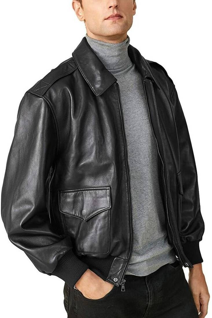 Men’s black leather biker jacket –bomber &ribbed cuffs and waistband sytyle