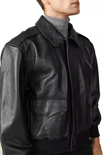 men's black lambskin leather bomber jacket ribbed cuffs and waist stylish