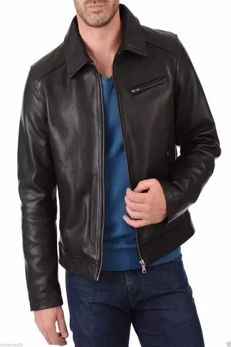 Men’s black  leather moto jacket – stand zipper & coller style