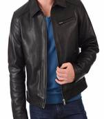 Men’s black  leather moto jacket – stand zipper & coller style
