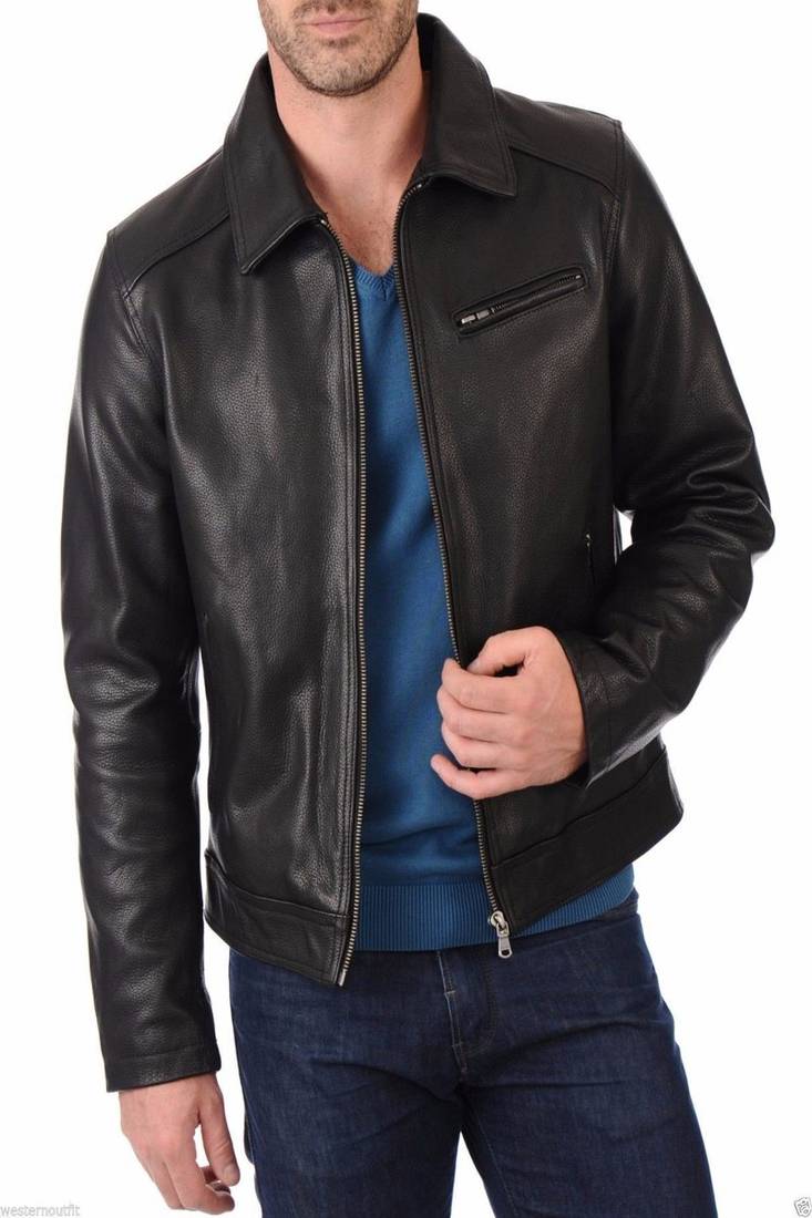 Men’s black  leather moto jacket – stand zipper & coller style