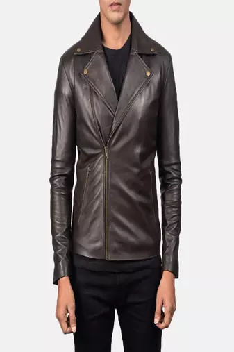 Men’s dark brown genuine leather (motorcycle) jacket – asymmetrical front zipper style
