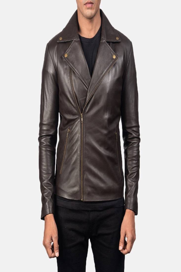 Men’s dark brown genuine leather (motorcycle) jacket – asymmetrical front zipper style