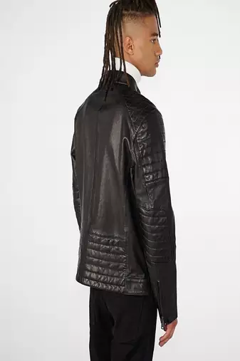men's dark brown lambskin leather jacket quilted shoulder detailing