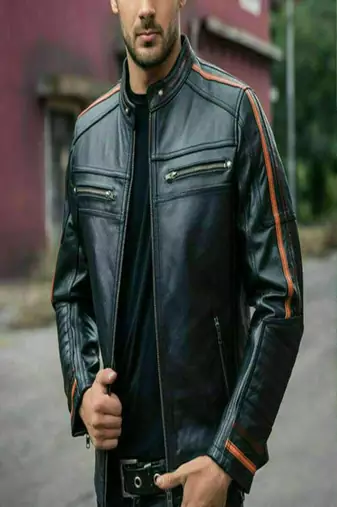 Men’s premium black lambskin leather moto jacket – café racer & red strip design