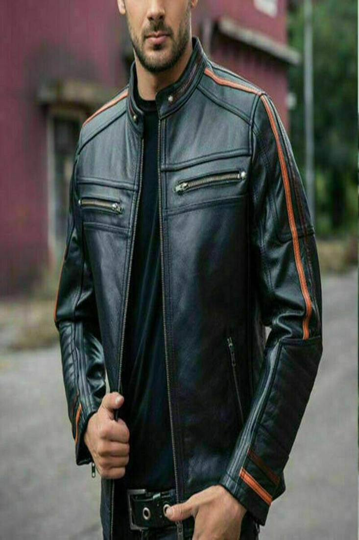 Men’s premium black lambskin leather moto jacket – café racer & red strip design
