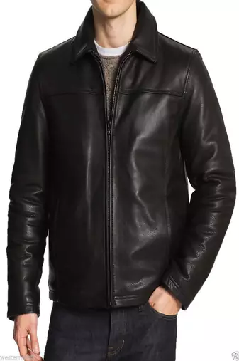 Men’s simple dark brownlambskin leather jacket – straight zipper style