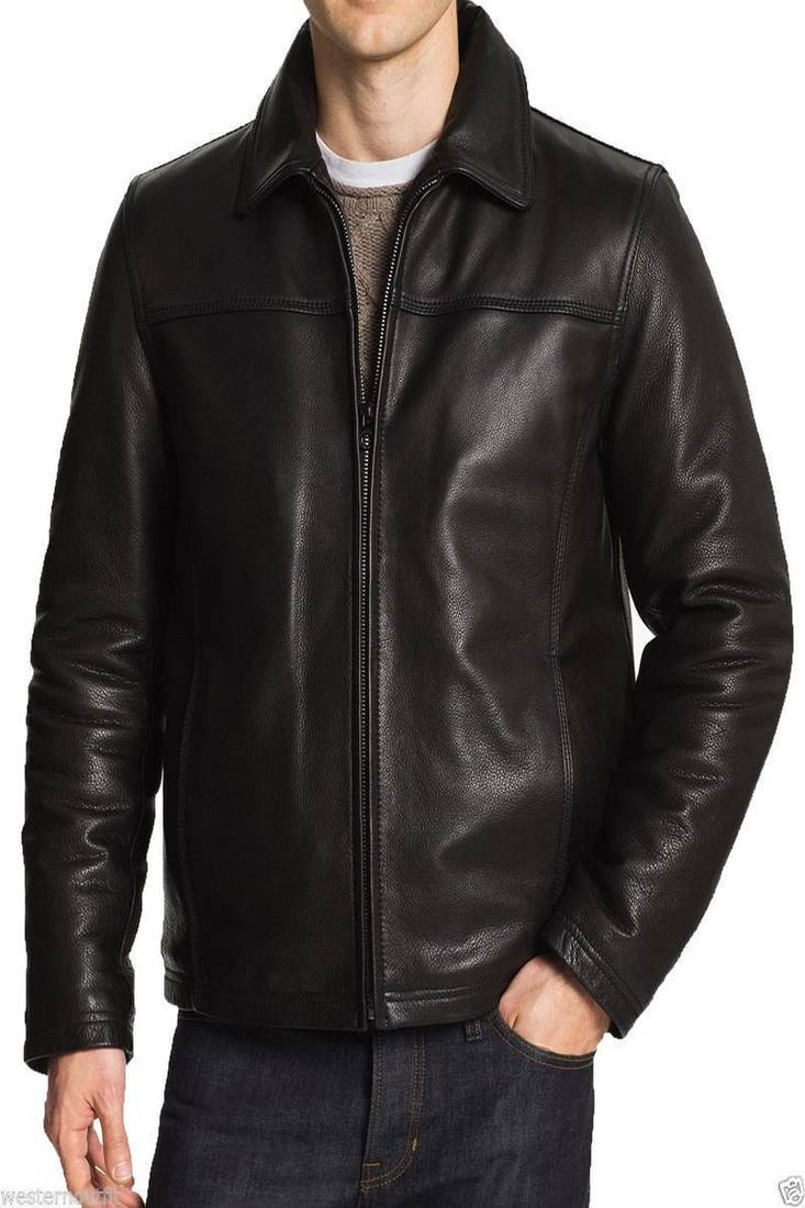 Men’s simple dark brownlambskin leather jacket – straight zipper style