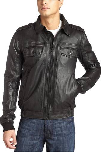 men's black lambskin leather jacket -shirt-collar straight center zipper style
