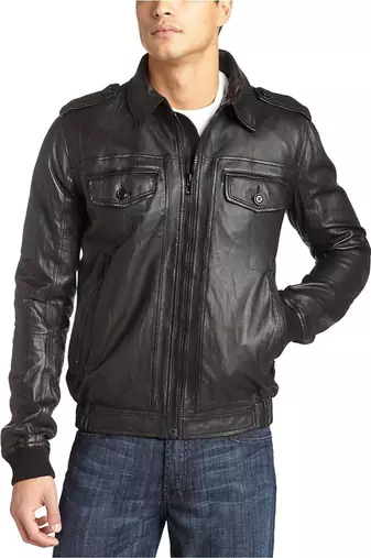 men's black lambskin leather jacket -shirt-collar straight center zipper style