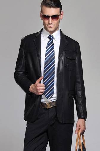 Men’s black shine blazer leather jacket – one chest pocket & modern minimal style
