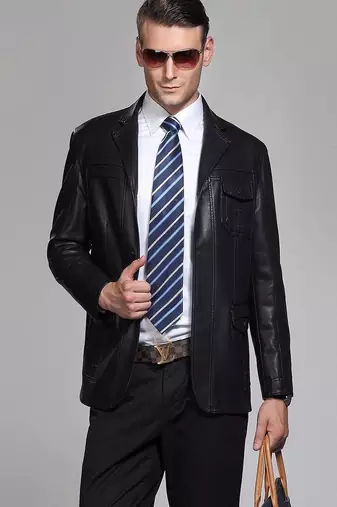 Men’s black shine blazer leather jacket – one chest pocket & modern minimal style