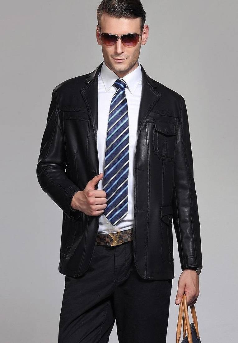 Men’s black shine blazer leather jacket – one chest pocket & modern minimal style