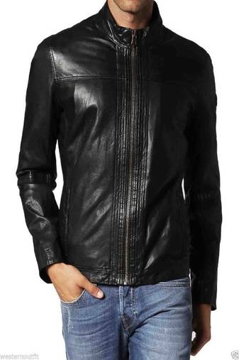 Men’s black lambskin  leather jacket  – stylish straight zipper style