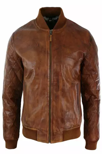 Men’s brown leather bomber jacket-center front zipper closure style