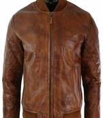 Men’s brown leather bomber jacket-center front zipper closure style