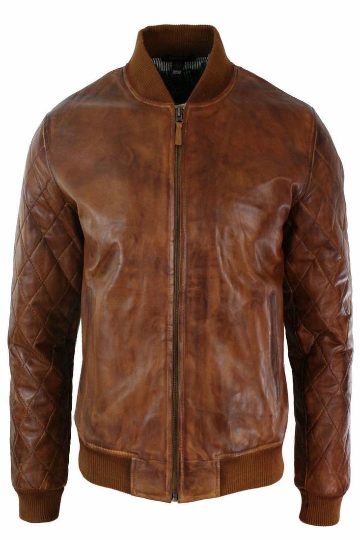 Men’s brown leather bomber jacket-center front zipper closure style