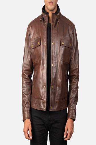 Men’s brown genuine leather jacket-front zip closure with snap-button placket style
