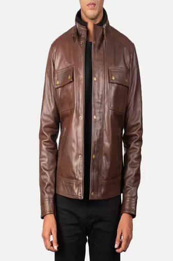 Men’s brown genuine leather jacket-front zip closure with snap-button placket style
