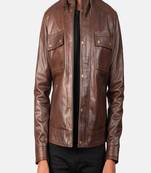 Men’s brown genuine leather jacket-front zip closure with snap-button placket style