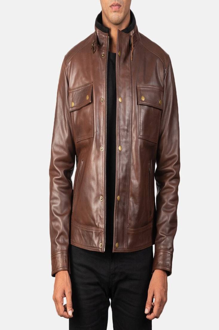 Men’s brown genuine leather jacket-front zip closure with snap-button placket style